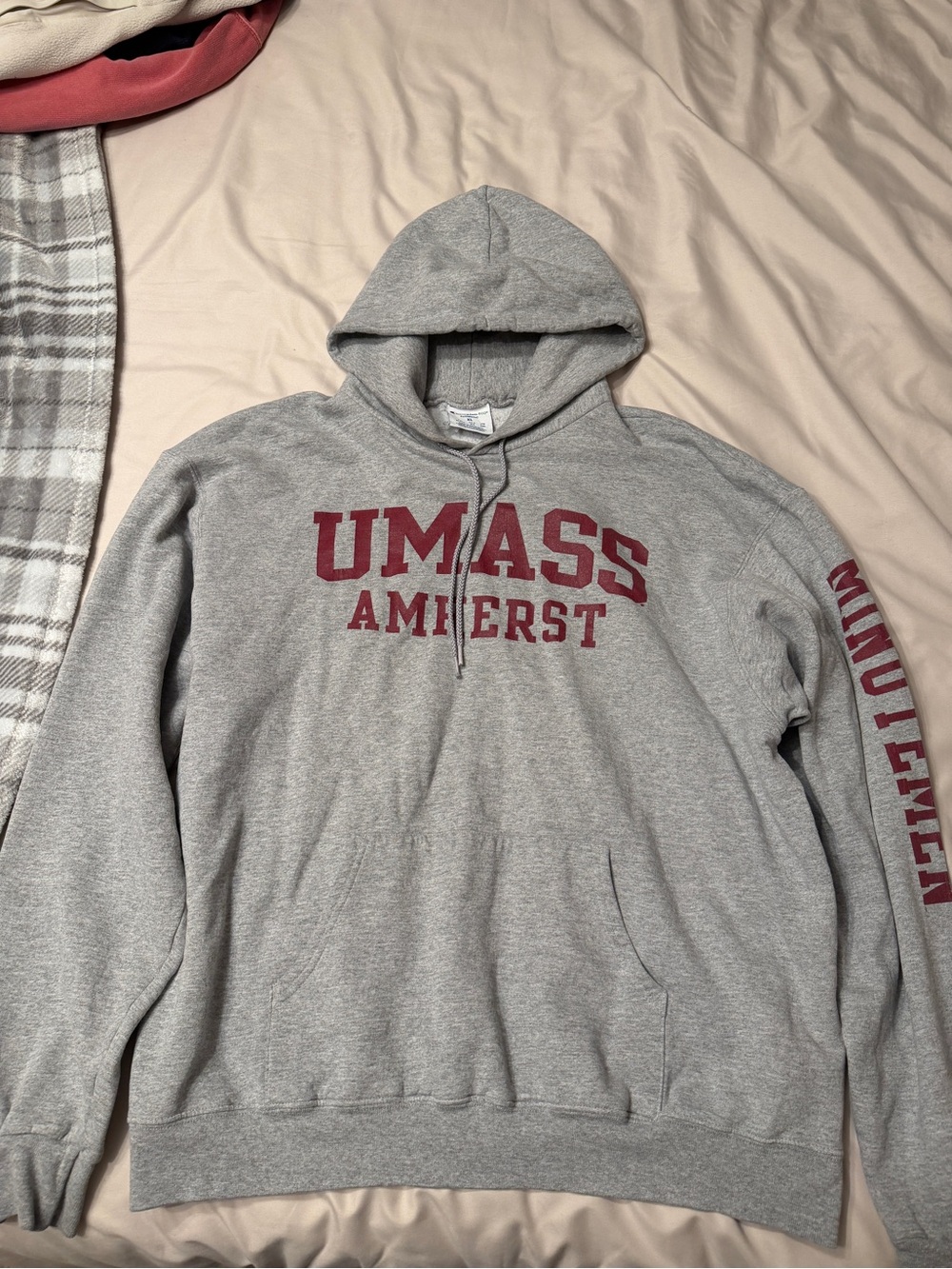 Champion Gray UMASS Amherst Hoodie with Maroon Lettering